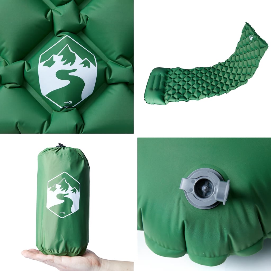 Detail van het groene vidaXL opblaasbare kampeermatras met geïntegreerd kussen en ventiel.