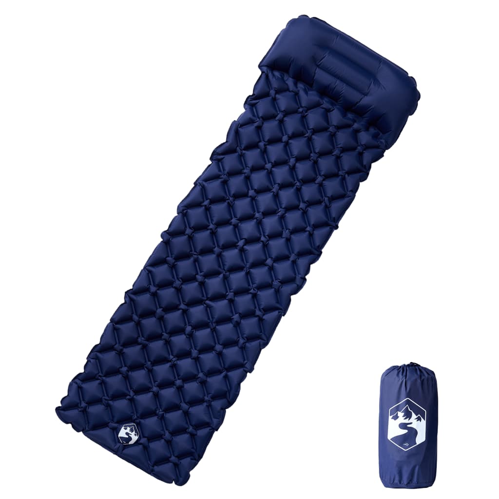 Opblaasbaar vidaXL kampeermatras in marineblauw met geïntegreerd kussen en compact ontwerp.
