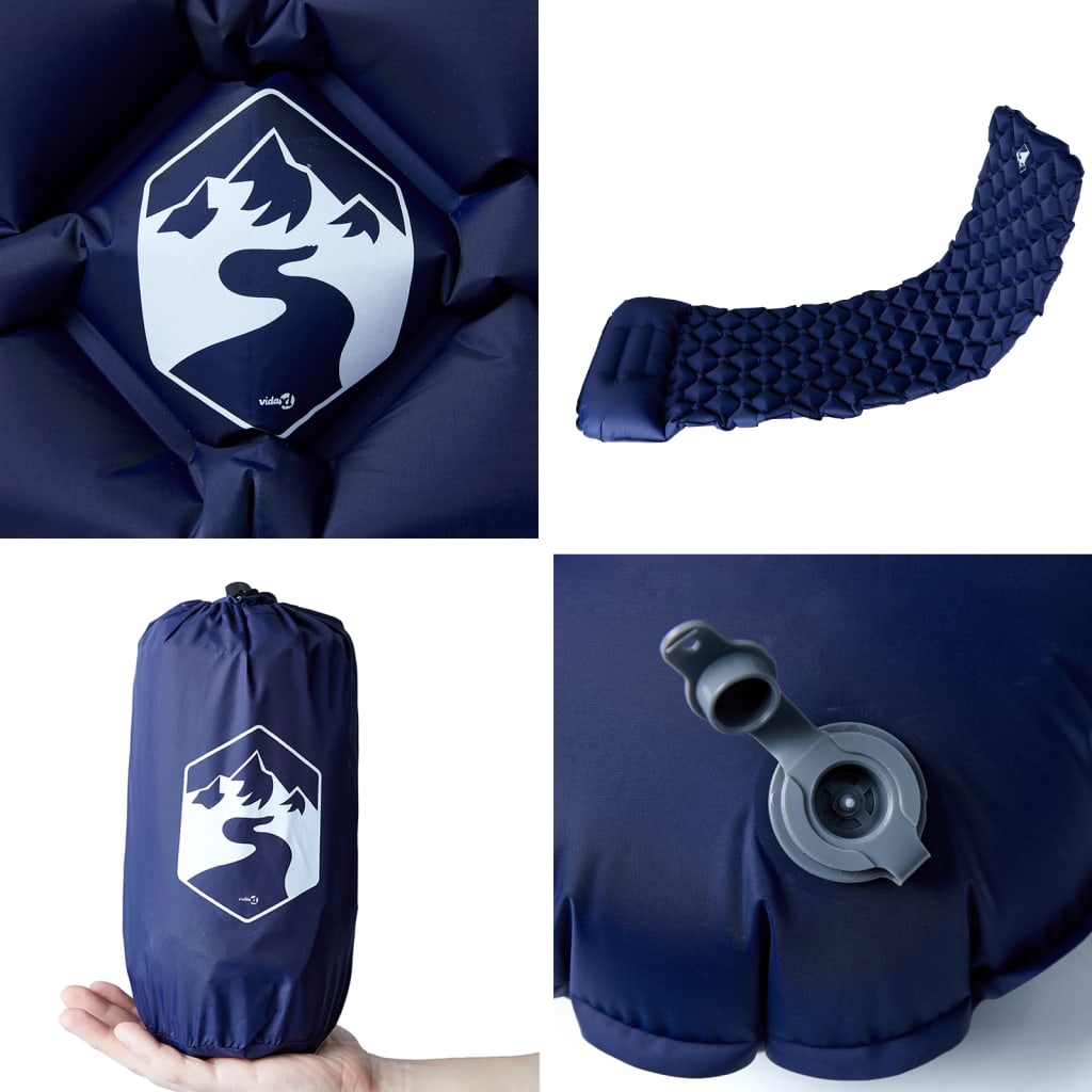 Detail van het vidaXL opblaasbare kampeermatras in marineblauw met kussen en ventiel.