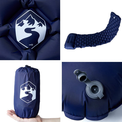 Detail van het vidaXL opblaasbare kampeermatras in marineblauw met kussen en ventiel.