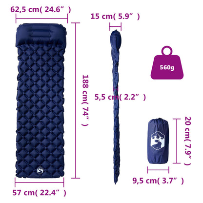Detail van het vidaXL opblaasbare kampeermatras in marineblauw met kussen en afmetingen.