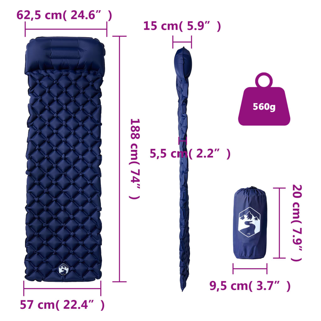 Detail van het vidaXL opblaasbare kampeermatras met geïntegreerd kussen, marineblauw.