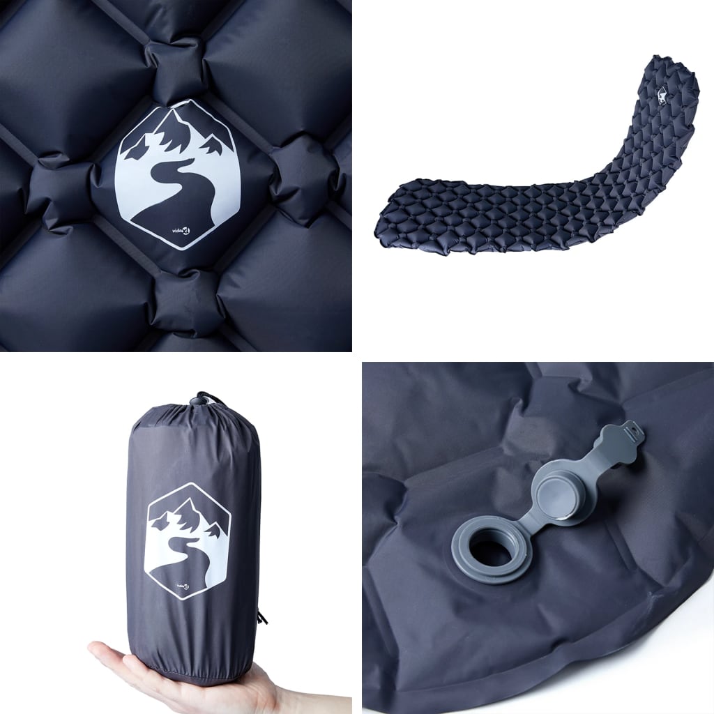 Detail van het grijze vidaXL opblaasbare kampeermatras met logo en opbergzak.