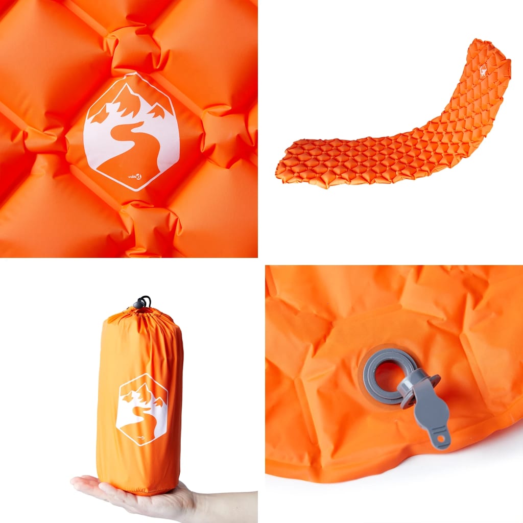 Detail van het oranje vidaXL opblaasbare kampeermatras met ergonomisch ontwerp en opbergzak.