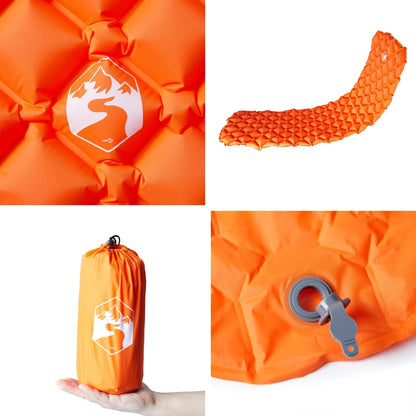 Detail van het oranje vidaXL opblaasbare kampeermatras met ergonomisch ontwerp en opbergzak.