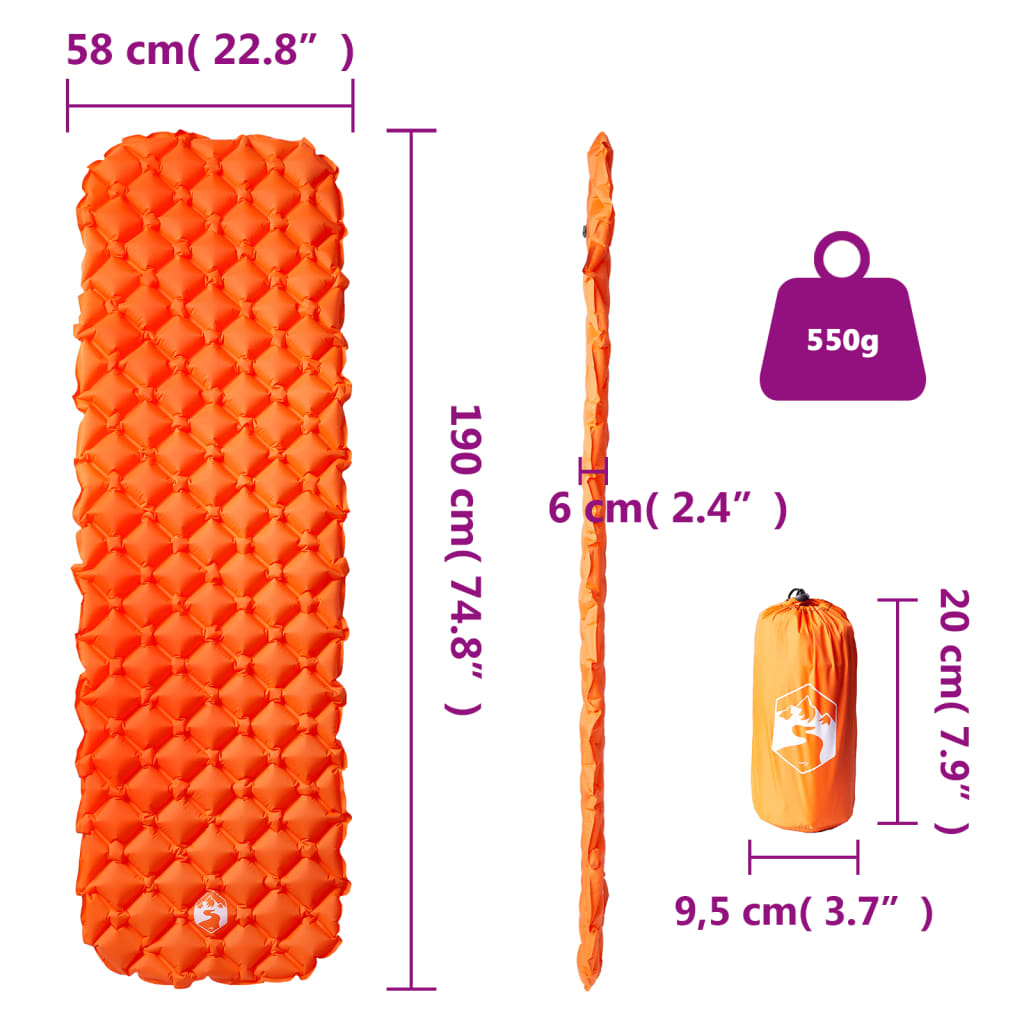Zijaanzicht van het oranje vidaXL opblaasbare kampeermatras met afmetingen en gewicht.