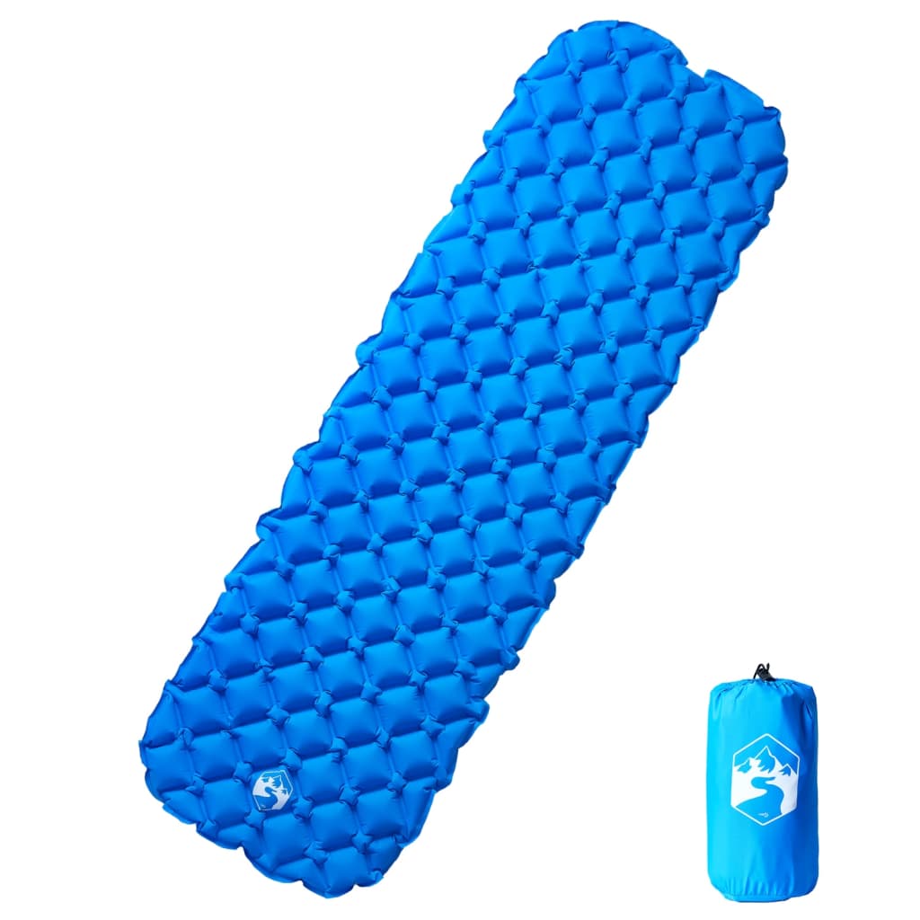Blauw vidaXL opblaasbaar kampeermatras van 190x58x6 cm, zijaanzicht met opbergtas.