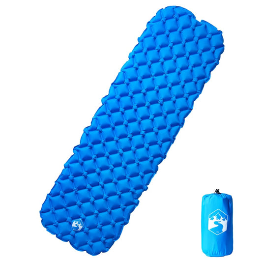 Blauw vidaXL opblaasbaar kampeermatras van 190x58x6 cm, zijaanzicht met opbergtas.