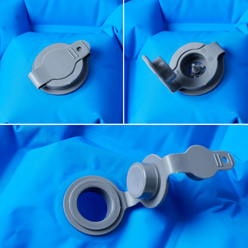 Detail van het ventiel van het vidaXL opblaasbare kampeermatras in blauw.