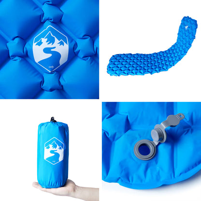 Detail van het opblaasbare vidaXL kampeermatras in blauw met ventiel en opbergfunctie.