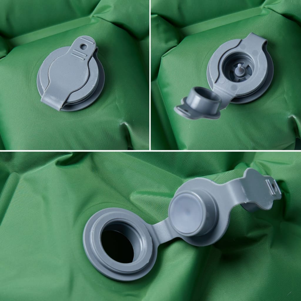 Detail van het ventiel van het vidaXL opblaasbare kampeermatras in groen.