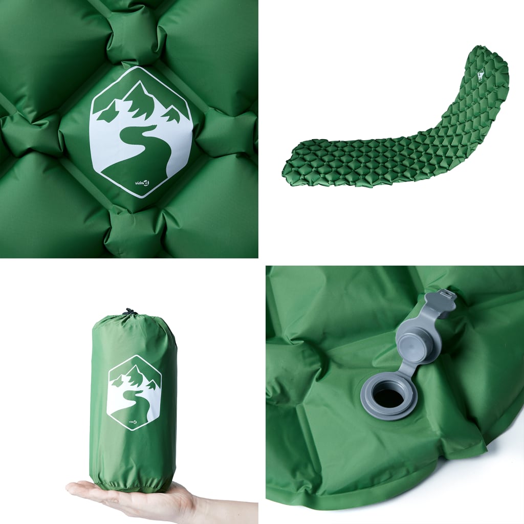 Detail van het vidaXL opblaasbare kampeermatras in groen met ventiel en opbergzak.