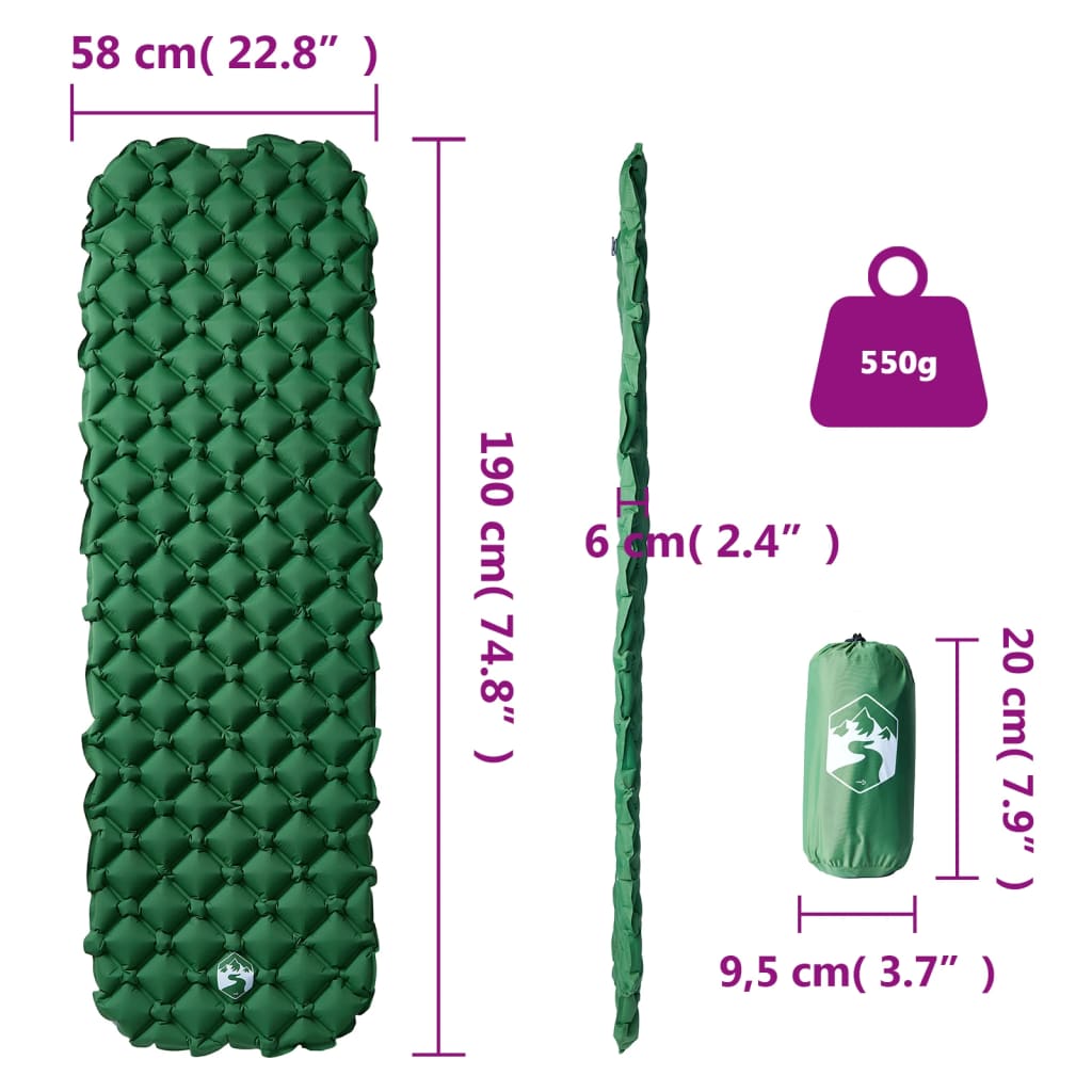 Detailweergave van de vidaXL opblaasbare kampeermatras in groen, met afmetingen en gewicht.