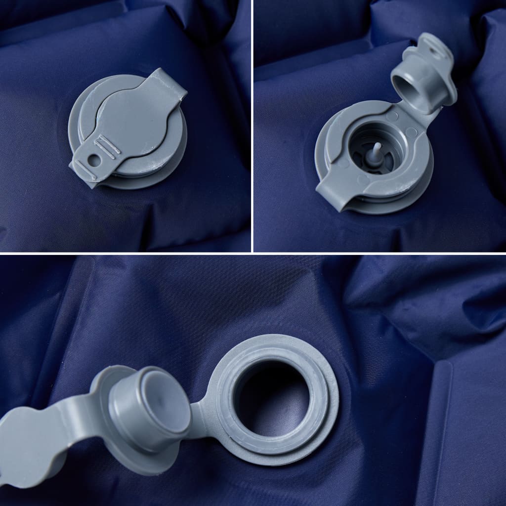 Detail van de opblaasventielen van het vidaXL kampeermatras in marineblauw.