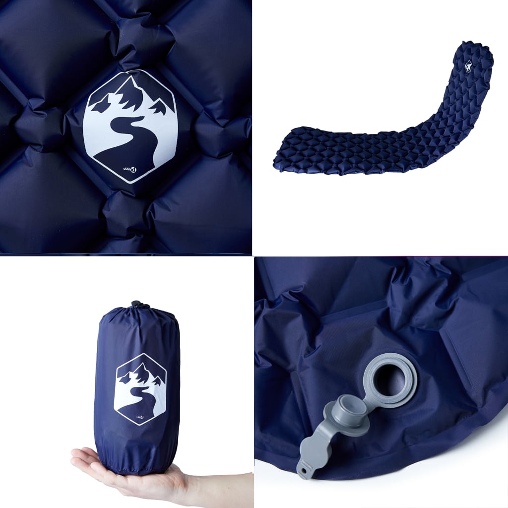 Detail van het vidaXL opblaasbare kampeermatras in marineblauw met logo en ventiel.