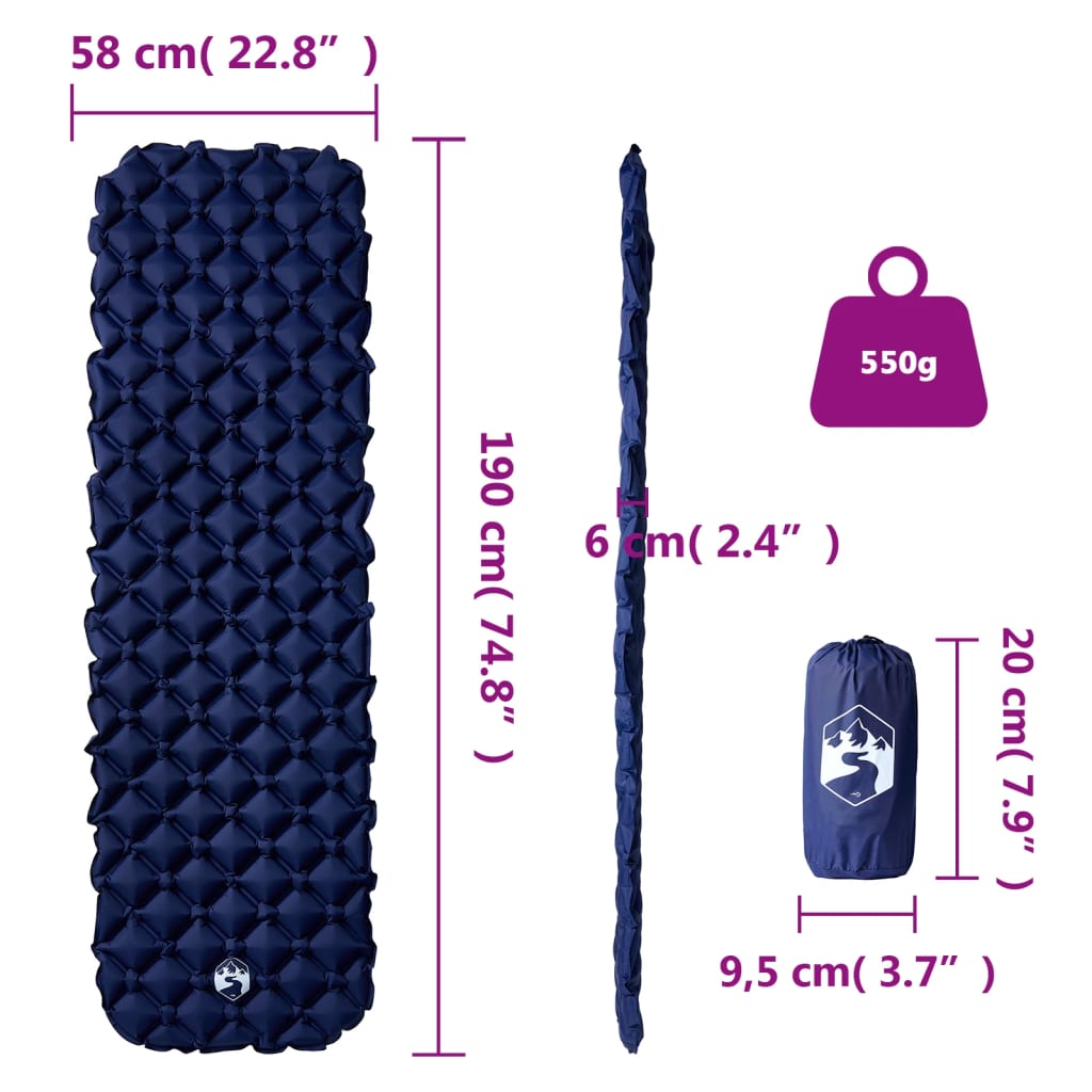 Detail van de vidaXL opblaasbare kampeermatras met afmetingen en gewicht.