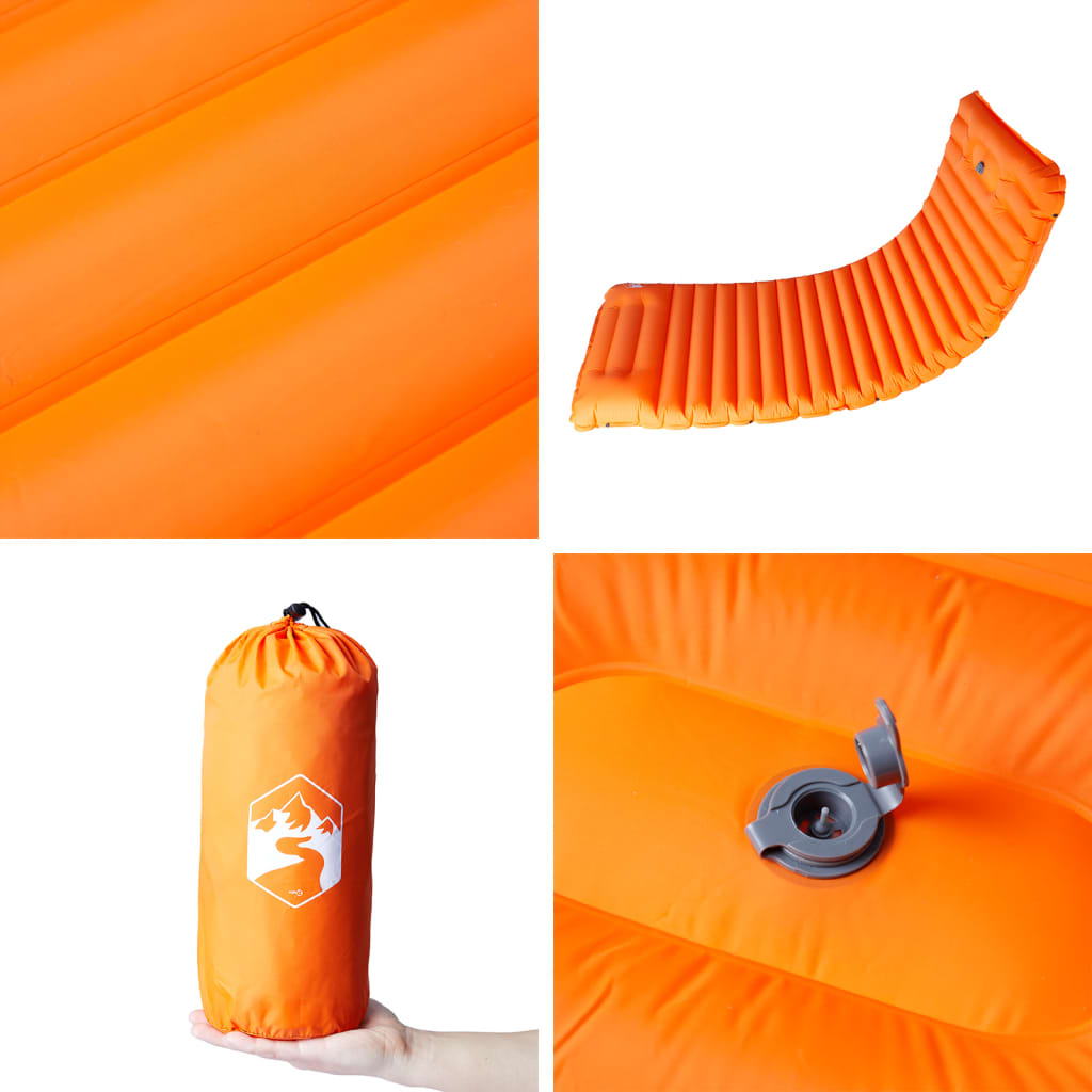Detail van het oranje vidaXL zelfopblazende kampeermatras met kussen en ventiel.