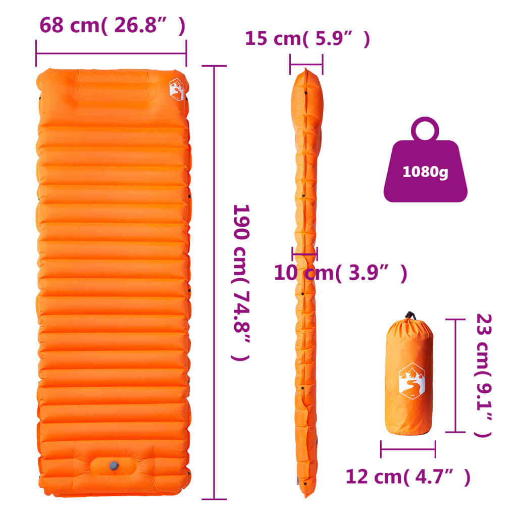Detail van de vidaXL zelfopblazende kampeermatras in oranje, met afmetingen en gewicht.