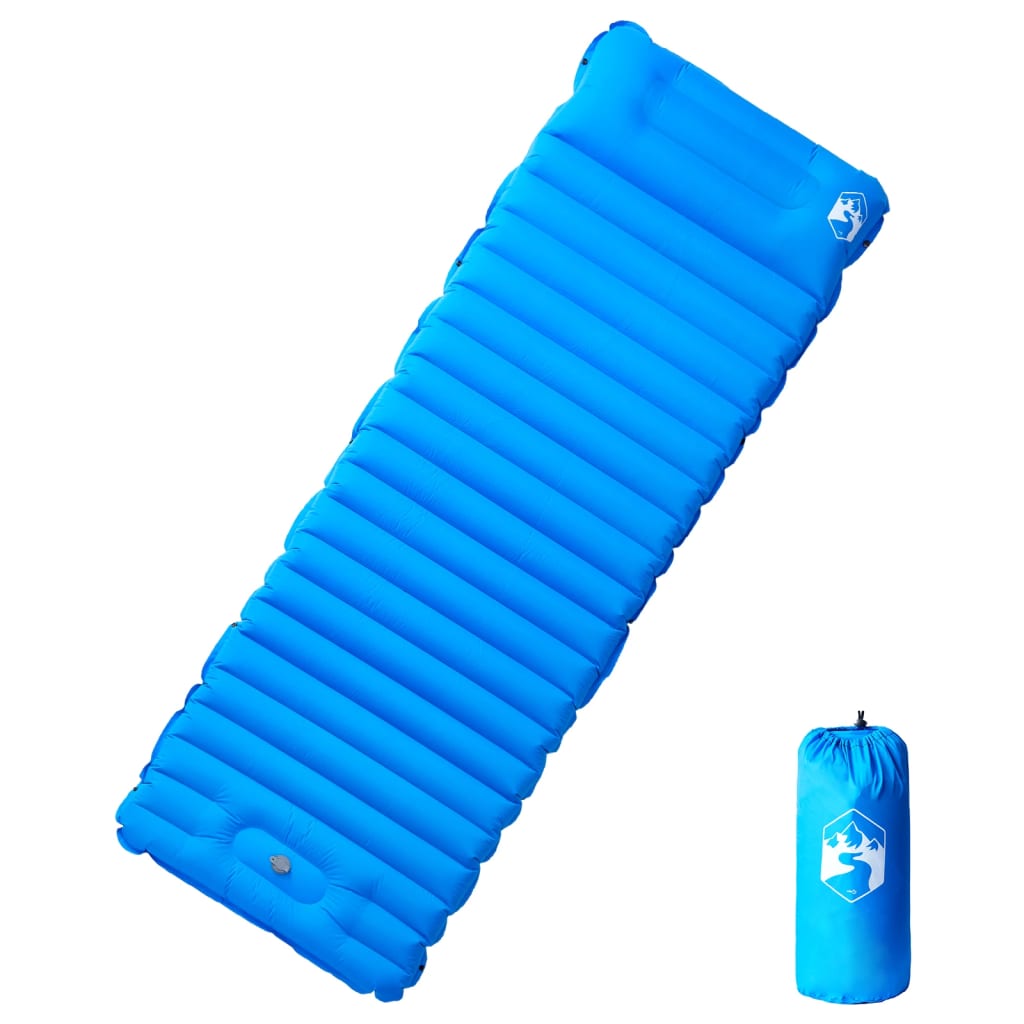 Blauw vidaXL zelfopblazend 1-persoons kampeermatras met kussen, zijaanzicht.