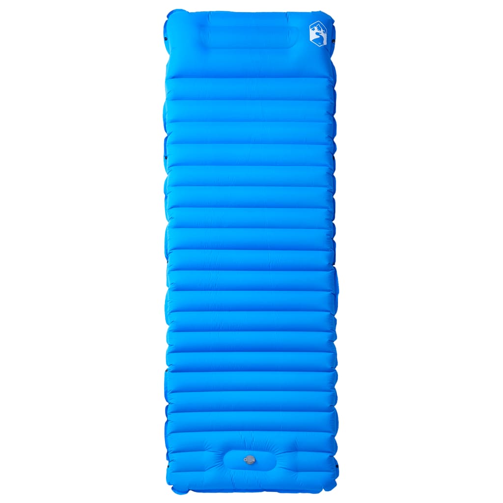 Zijaanzicht van het blauwe vidaXL zelfopblazende kampeermatras met kussen.
