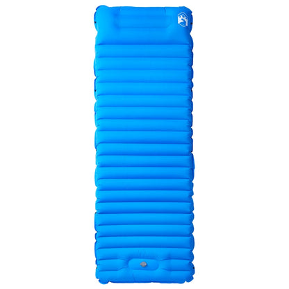 Zijaanzicht van het blauwe vidaXL zelfopblazende kampeermatras met kussen.