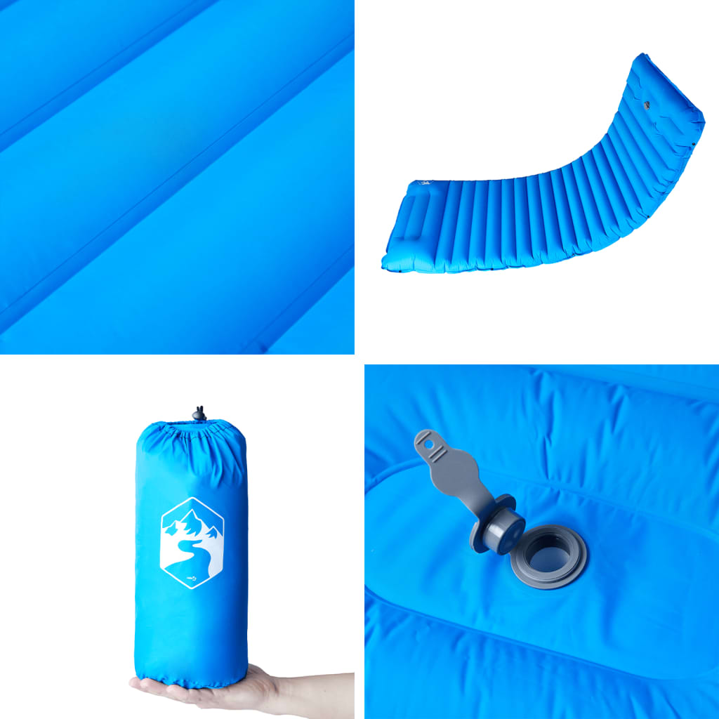 Detail van het zelfopblazende vidaXL kampeermatras in blauw, met kussen en ventiel.