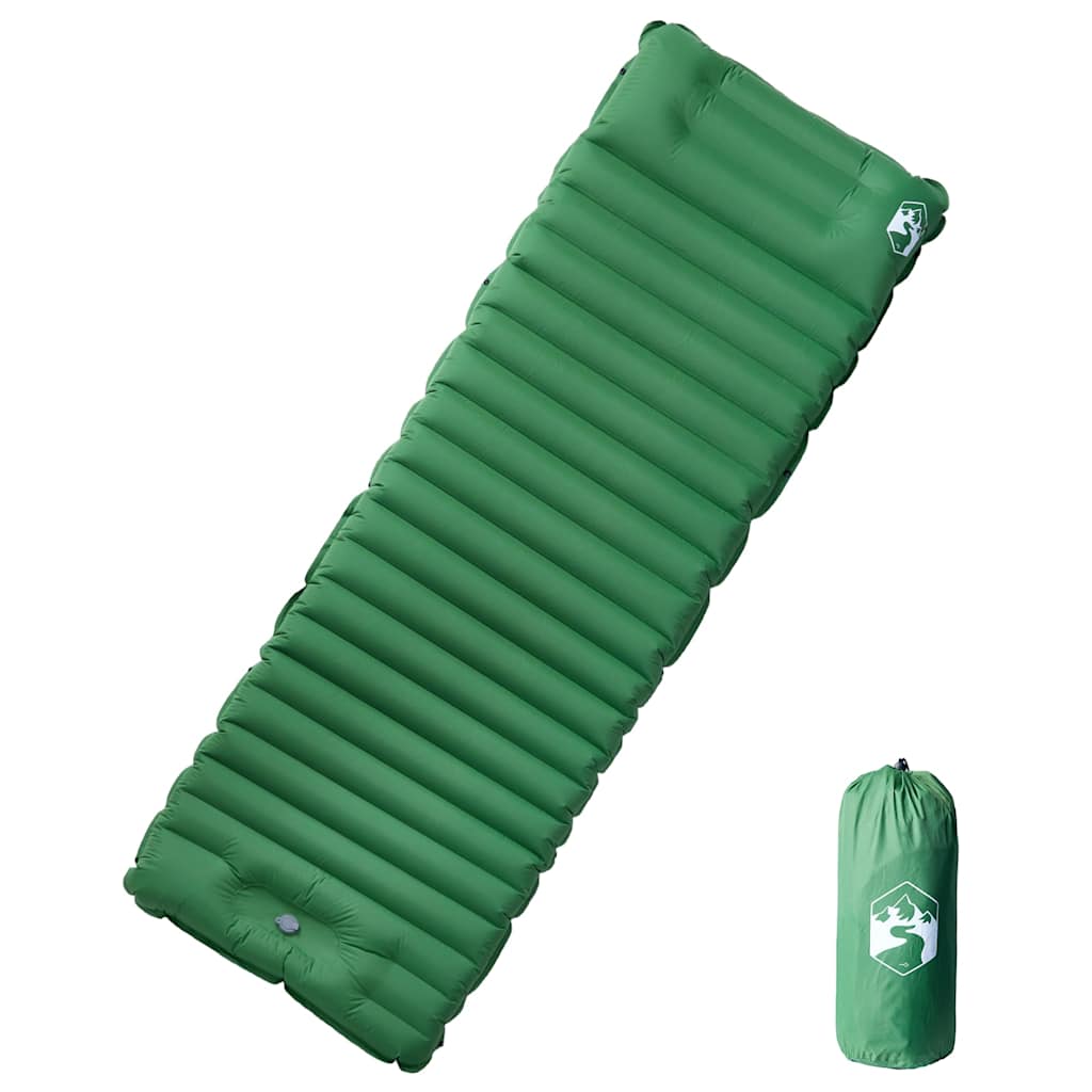 Groen vidaXL zelfopblazend kampeermatras met kussen, liggend op een witte achtergrond.