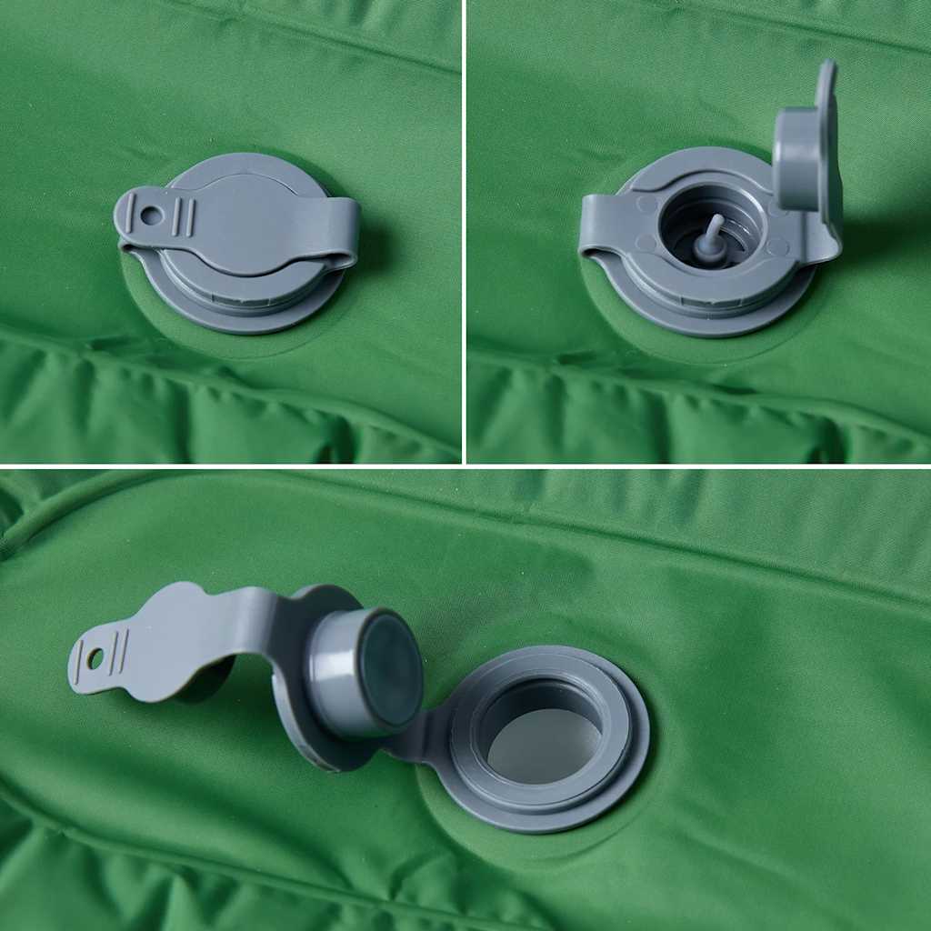 Detail van de zelfopblazende klep van het vidaXL kampeermatras in groen.