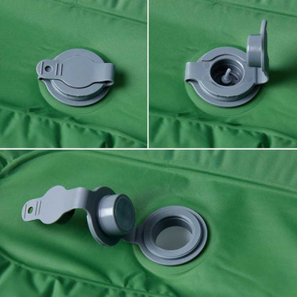 Detail van de zelfopblazende klep van het vidaXL kampeermatras in groen.