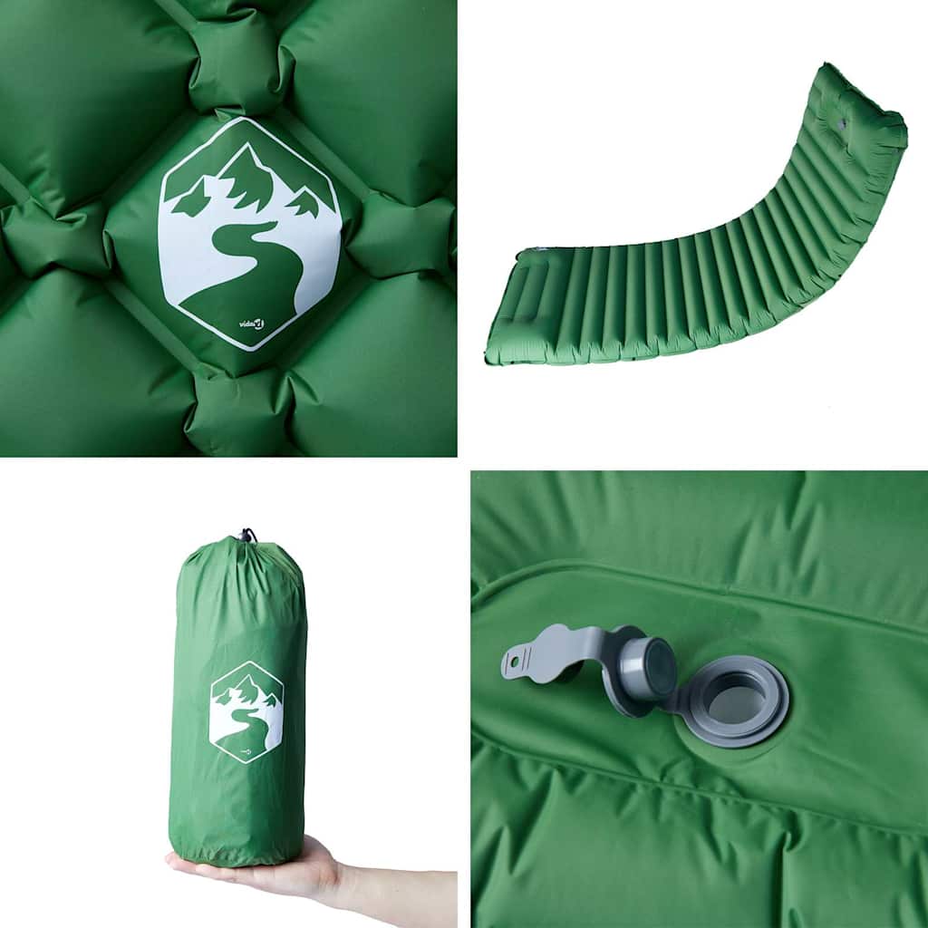 Detail van het vidaXL zelfopblazende kampeermatras in groen, met kussen en opbergfunctie.