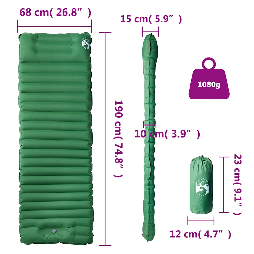Detail van het vidaXL zelfopblazende kampeermatras in groen, met afmetingen en gewicht.