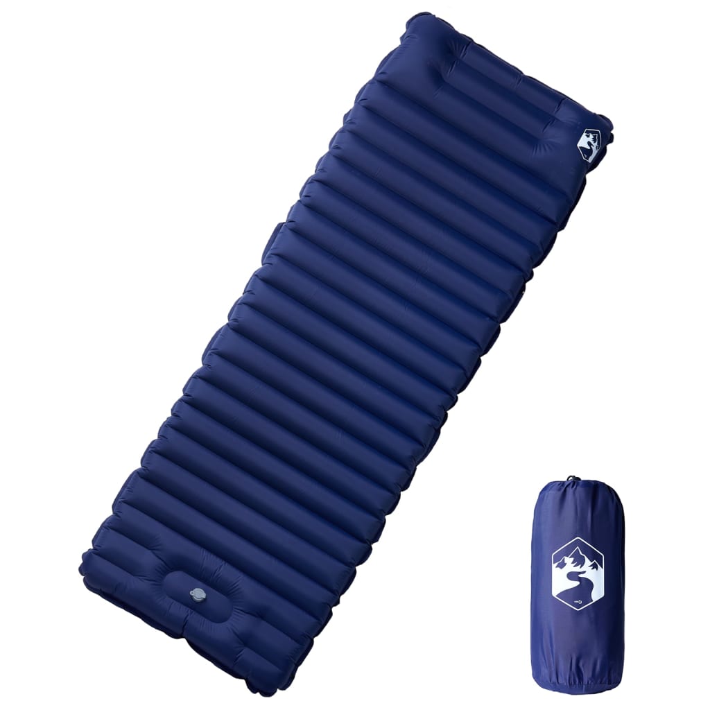 Zelfopblazend vidaXL kampeermatras in marineblauw, met geïntegreerd kussen en compact formaat.