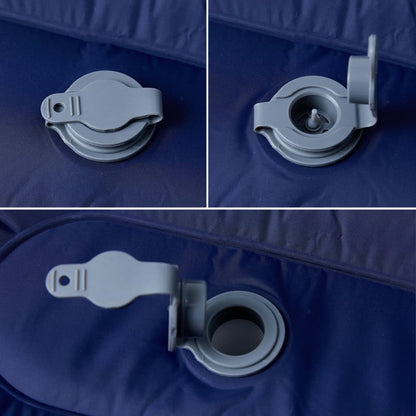 Detail van het ventiel van het vidaXL zelfopblazende kampeermatras in marineblauw.