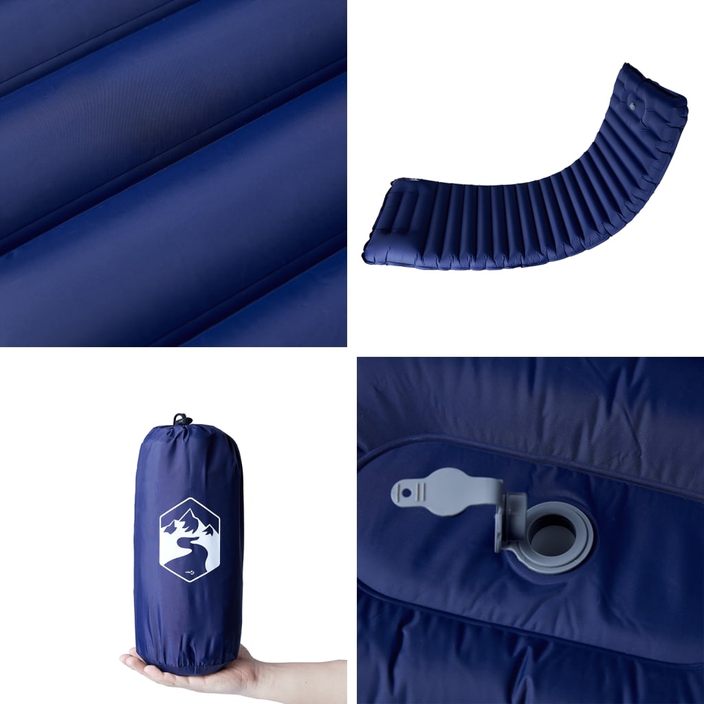 Detail van het vidaXL zelfopblazende kampeermatras in marineblauw met opbergzak en ventiel.