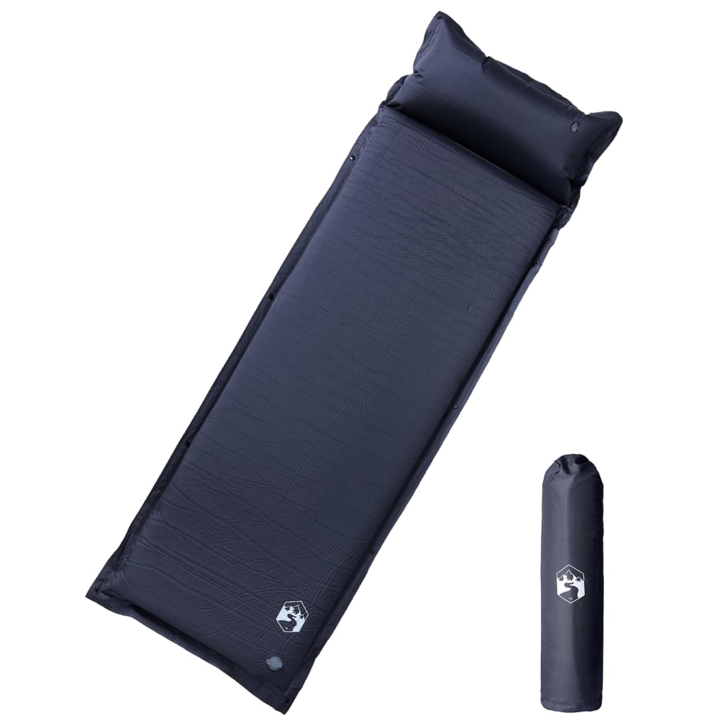 Grijs vidaXL zelfopblazend kampeermatras met geïntegreerd kussen en opgerolde vorm.