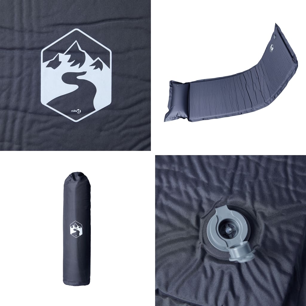 Detail van het grijze vidaXL kampeermatras met zelfopblazend ventiel en geïntegreerd kussen.