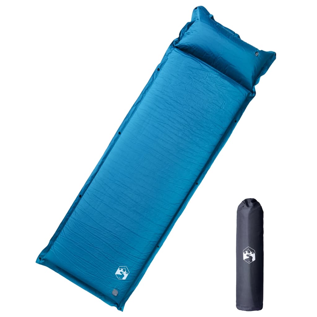 Turquoise vidaXL zelfopblazend kampeermatras met kussen, in uitgerolde positie.