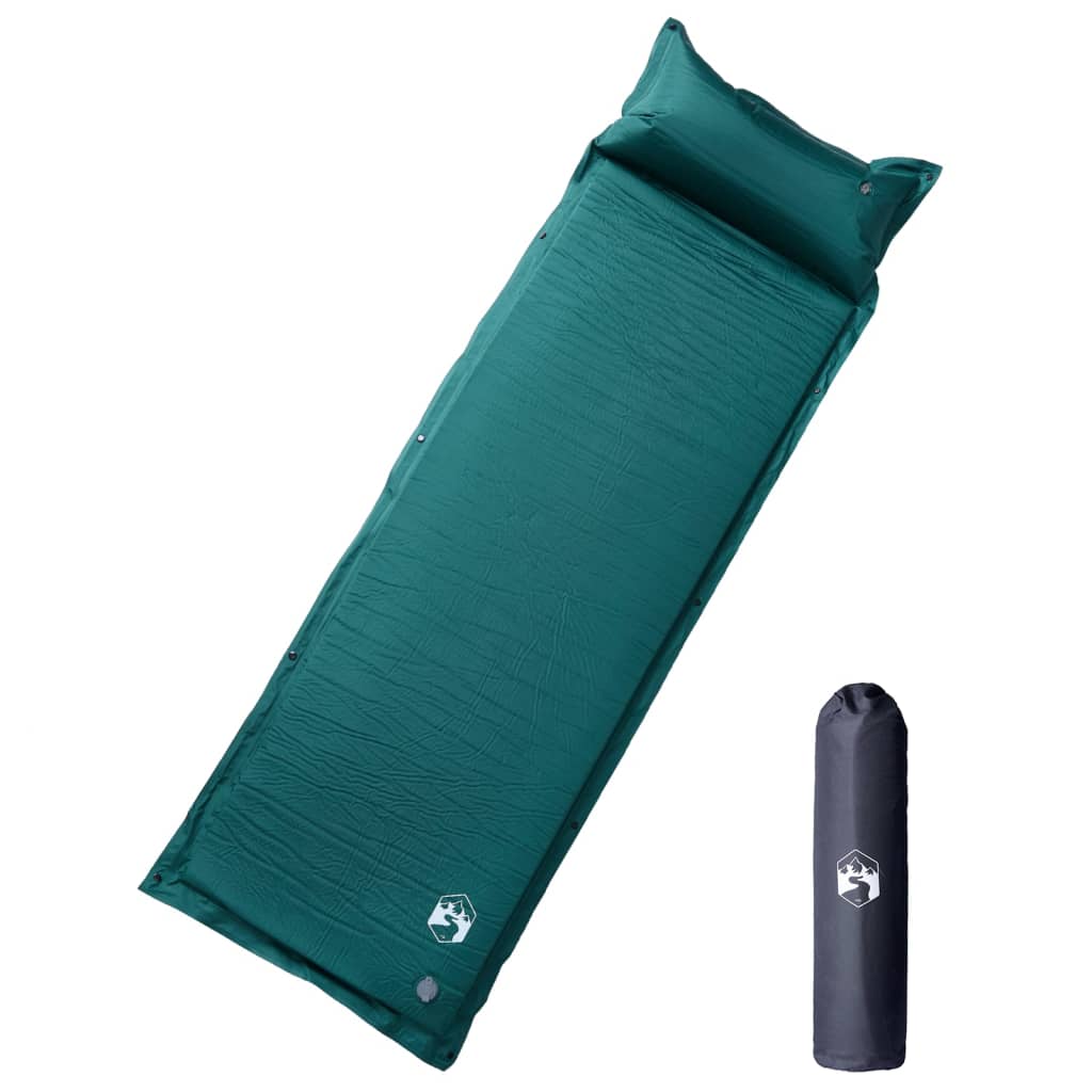 Groene vidaXL zelfopblazende kampeermatras met geïntegreerd kussen en opberghoes.