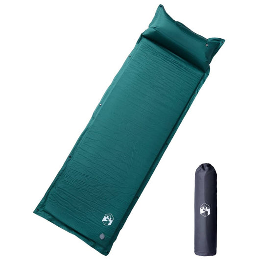 Groene vidaXL zelfopblazende kampeermatras met geïntegreerd kussen en opberghoes.