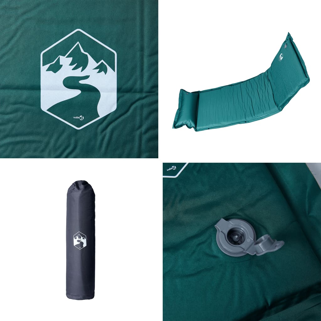 Detail van het groene vidaXL kampeermatras met kussen en vergrote ventiel.