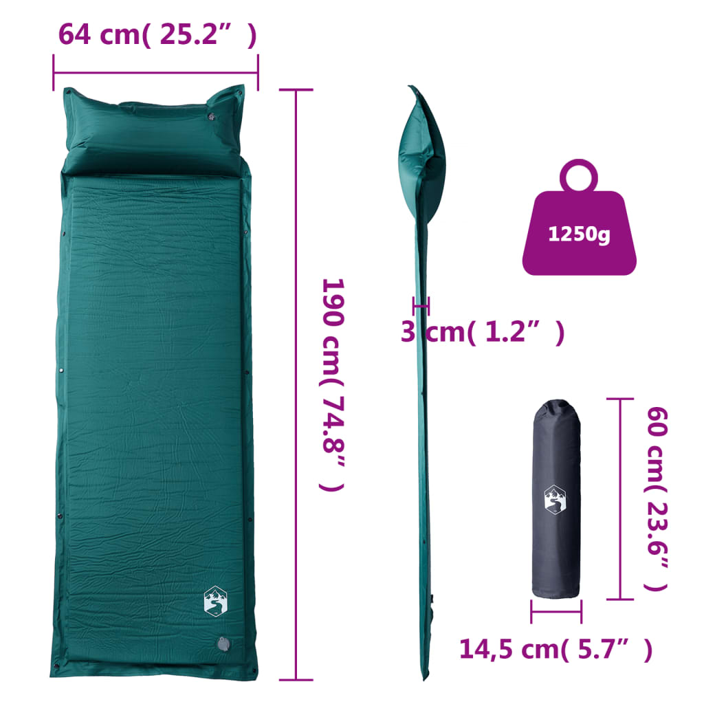 Detail van het vidaXL zelfopblazende kampeermatras in groen, met kussen en afmetingen.