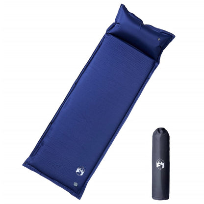 Zelfopblazend vidaXL kampeermatras in marineblauw met geïntegreerd kussen en opgerolde vorm.