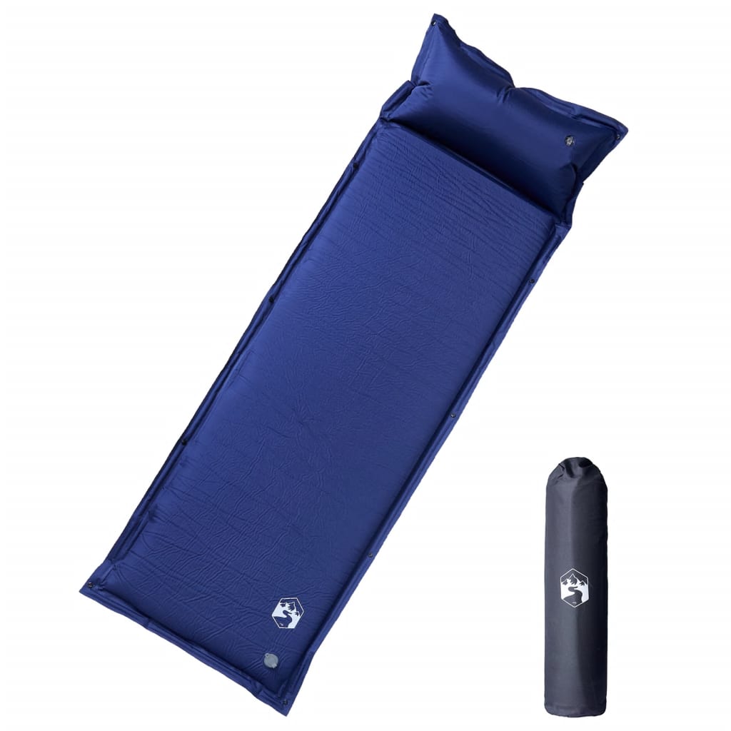 Zelfopblazend vidaXL kampeermatras in marineblauw met geïntegreerd kussen, liggend en opgerold.