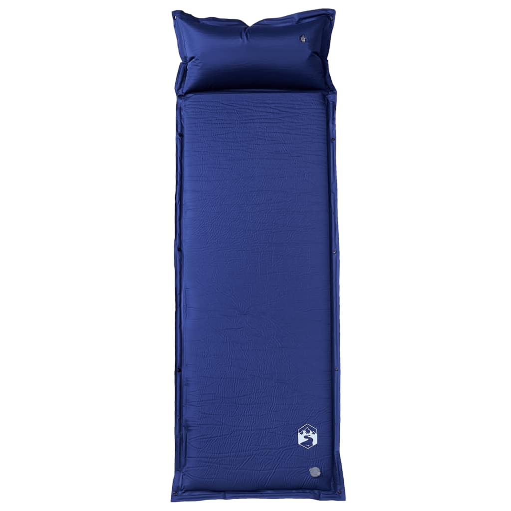 Zijaanzicht van het vidaXL zelfopblazende kampeermatras in marineblauw met geïntegreerd kussen.