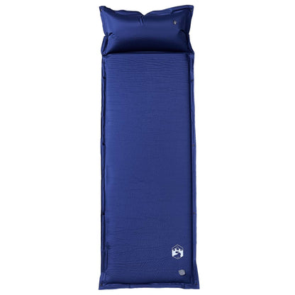 Zijaanzicht van het vidaXL zelfopblazende kampeermatras in marineblauw met geïntegreerd kussen.