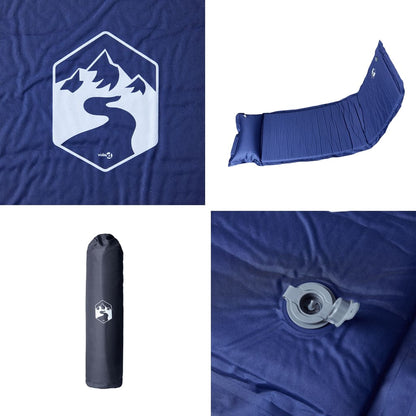 Detail van het zelfopblazende vidaXL kampeermatras in marineblauw met vergroot ventiel.
