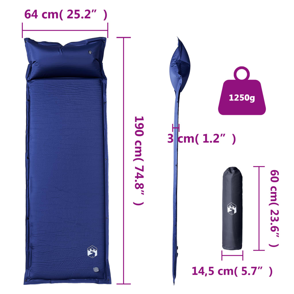 Detail van het vidaXL zelfopblazende kampeermatras in marineblauw, met afmetingen en gewicht.