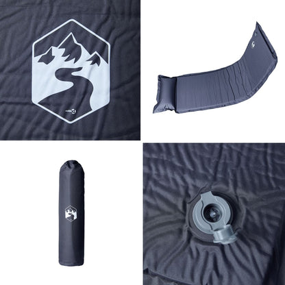 Detail van het grijze vidaXL zelfopblazende kampeermatras met kussen en ventiel.