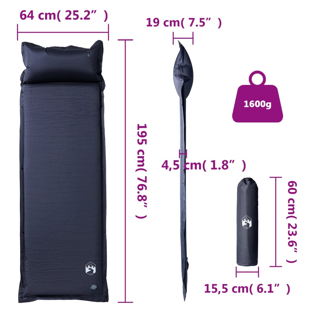 Detailweergave van het vidaXL zelfopblazende kampeermatras met afmetingen en gewicht.