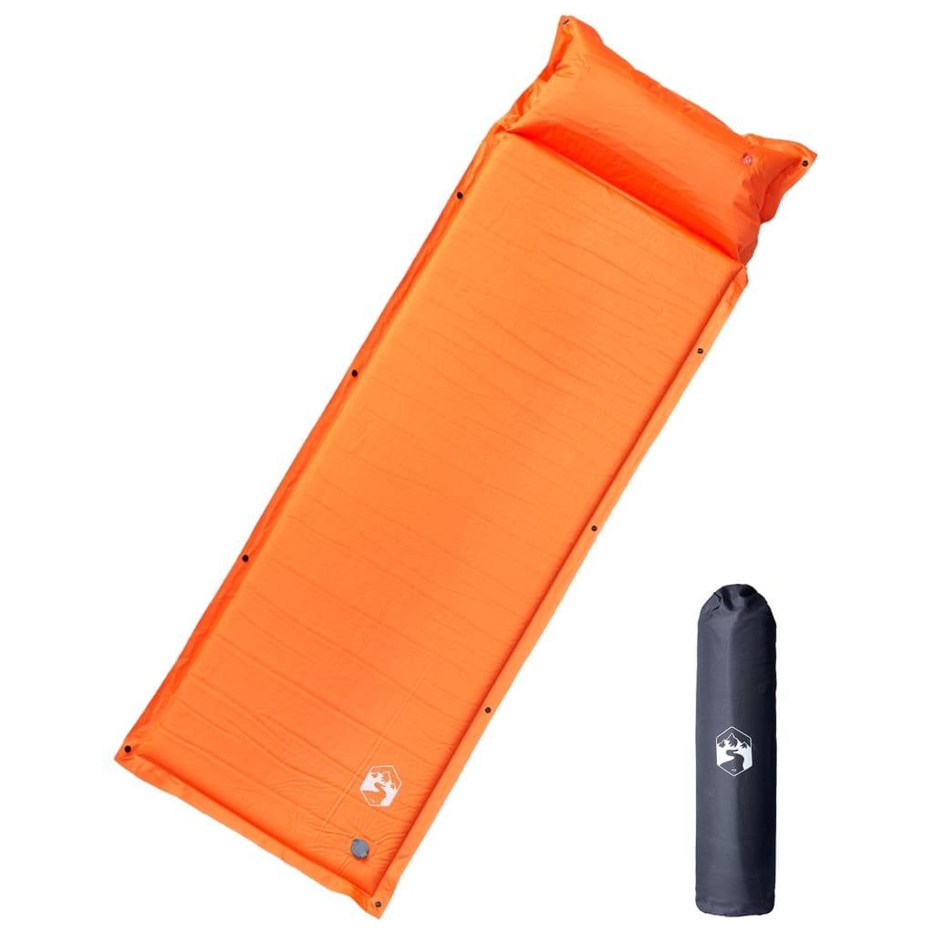 Oranje vidaXL zelfopblazend kampeermatras met geïntegreerd kussen, liggend op een witte achtergrond.